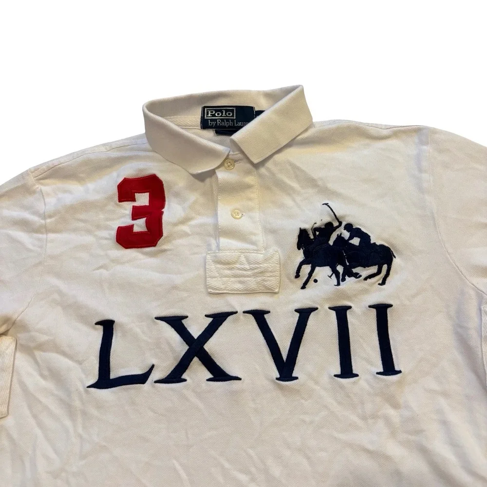 Polo Ralph Lauren Mens White Big Pony LXVII Custom Fit Polo Shirt Size M 3 Patch